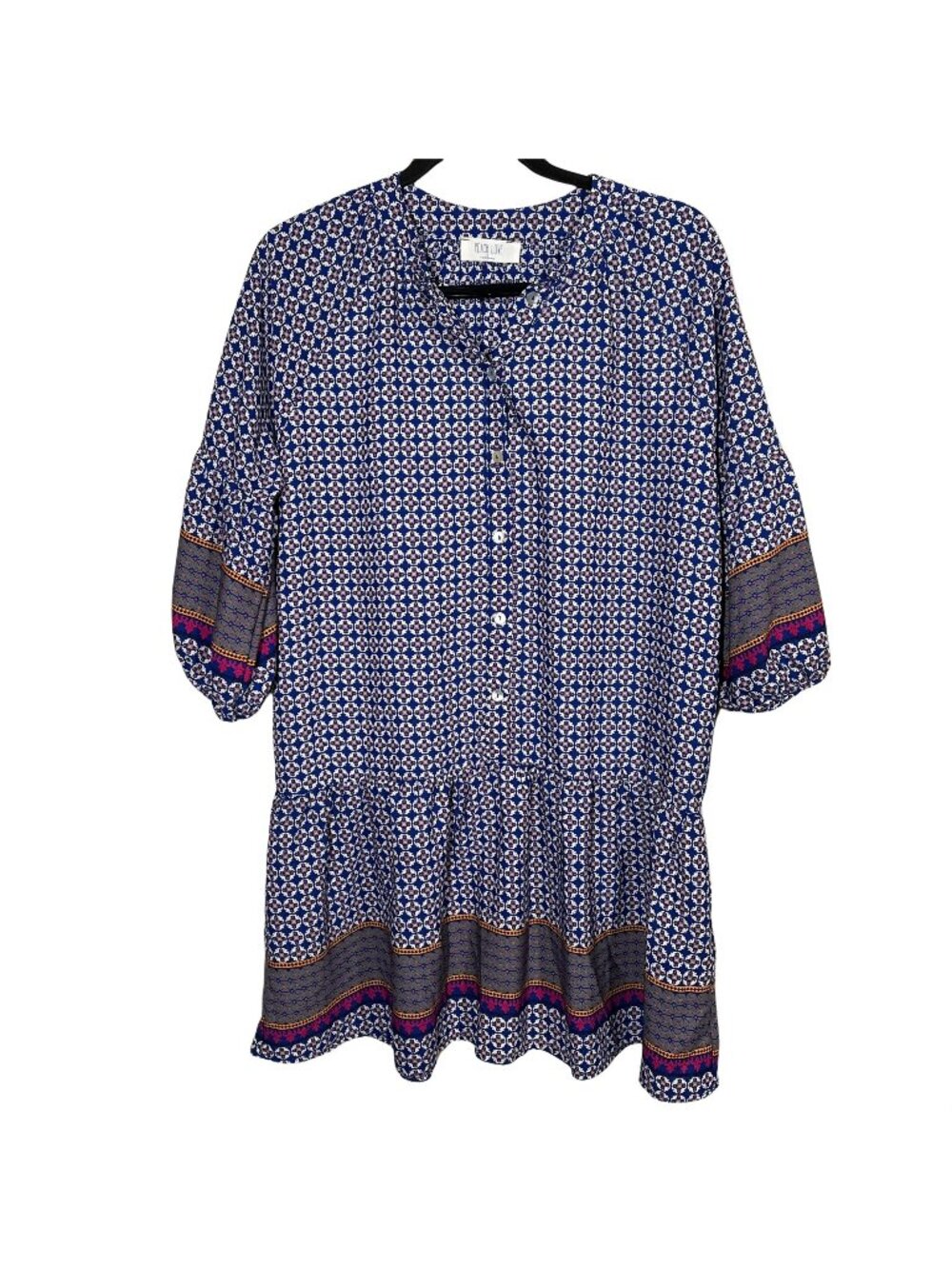 Peach Love California Dress Small Blue Boho Mini Puff Sleeve Festival